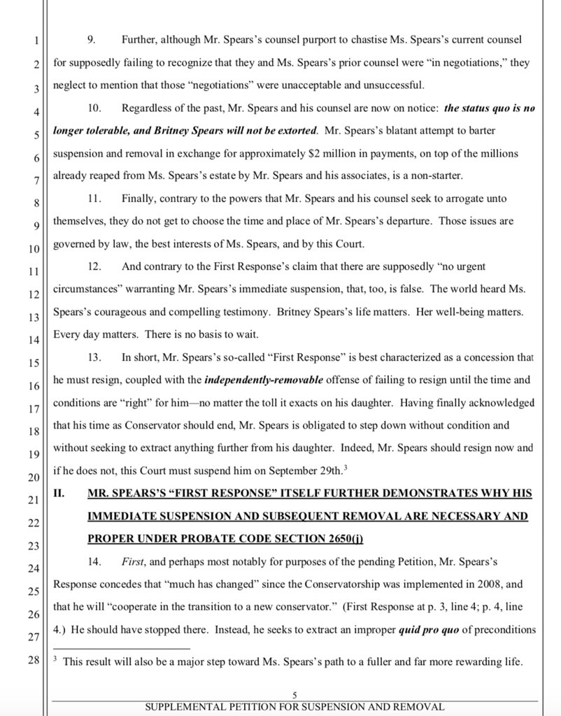 BREAKING: Britney Spears’ attorney has filed his most urgent petition yet to SUSPEND and REMOVE her father. “Britney Spears’s life matters. Her well-being matters. Every day matters. There is no basis to wait.” #FreeBritney