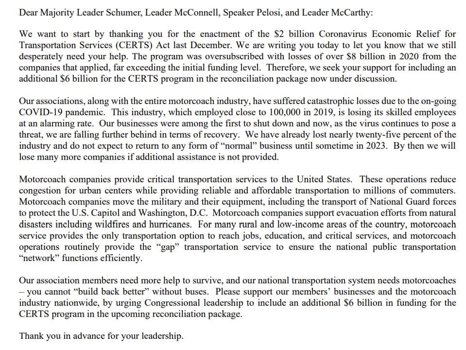 PENNSYLVANIABUS's tweet photo. 22 Regional &amp; State Motorcoach/Bus Associations co-signed a letter to @SenSchumer @SpeakerPelosi @GOPLeader @LeaderMcConnell requesting additional help to the tune of $6B.  Read the letter below.  #pabus https://t.co/EorgAKAI4k