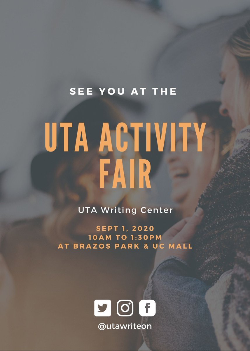 UTAWriteOn's tweet photo. Come hang out with us at the #UTA #ActivityFair tomorrow! We would love to say hello and chat with you about the Writing Center! Deets: Tomorrow (Sept. 1) in the UC Mall from 10am-1:30pm. Be there or be ⬛️ https://t.co/9PxIXJ5exS