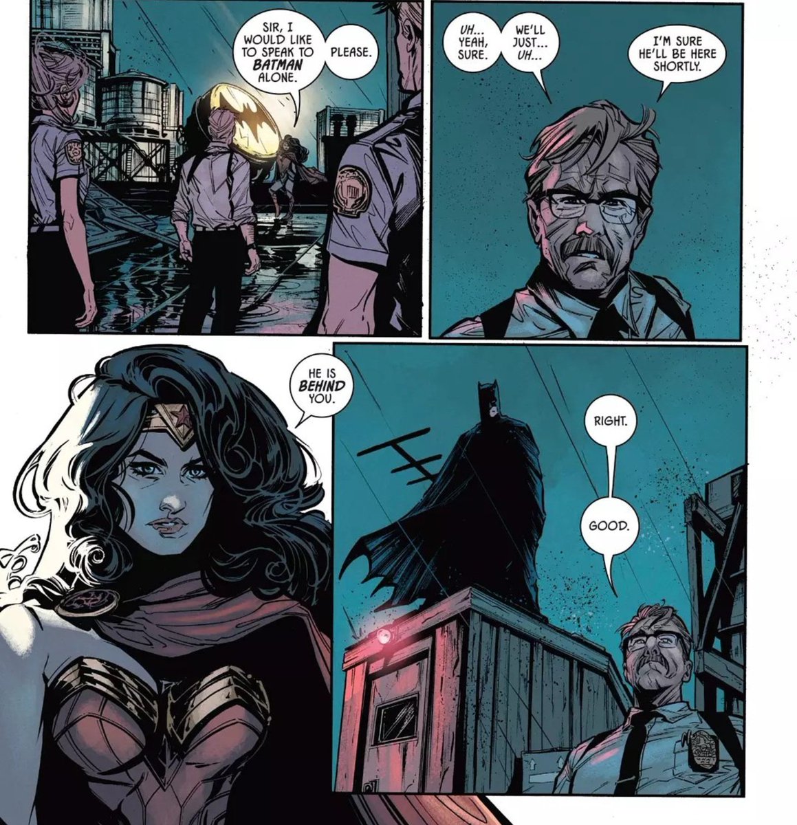 "I'm sure he'll be here shortly"
From Batman issue 39
Published Jan 17, 2018
Writer: Tom King
Artist: Joelle Jones
Colors:  Jordie Bellaire
Letterer: Clayton Cowles