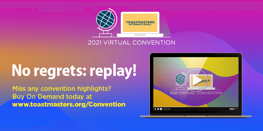 Toastmasters's tweet photo. 2021 Virtual Convention: On Demand is ready! For only $40 USD, you have unlimited access to replay the highlights.
https://t.co/suL61Si8Az
#TIWorldOfDifference https://t.co/pRySWmECjX