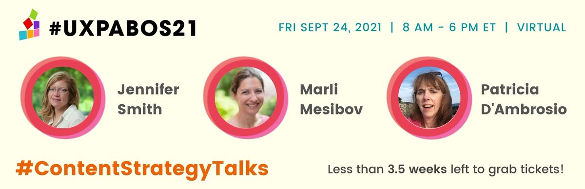UXPA Boston (@uxpaboston) on Twitter photo Don't miss our #ContentStrategyTalks w #ContentStrategyLeaders <a href="/agitraining/">AGI Training</a> <a href="/marsinthestars/">Marli Mesibov</a> Patricia D'Ambrosio
at our 20th Annual #UXPABOS21 1-day #UXConference
Check out #ContentStrategy: uxpabostonconference2021.sched.com/overview/type/…
Tix: ow.ly/5XAw50G1Hpa
Sponsors: ow.ly/U2vM50G1Hp9 Don't miss our #ContentStrategyTalks w #ContentStrategyLeaders <a href="/agitraining/">AGI Training</a> <a href="/marsinthestars/">Marli Mesibov</a> Patricia D'Ambrosio
at our 20th Annual #UXPABOS21 1-day #UXConference
Check out #ContentStrategy: uxpabostonconference2021.sched.com/overview/type/…
Tix: ow.ly/5XAw50G1Hpa
Sponsors: ow.ly/U2vM50G1Hp9