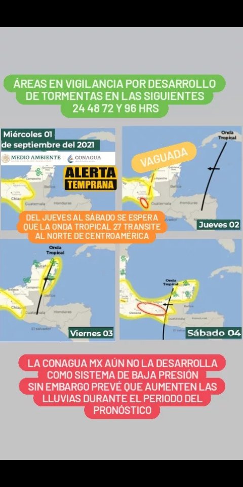 AlertaGt502's tweet photo. Actualización
Martes 31 de agosto
La @conagua_clima no prevé desarrollo de Baja Presión al norte de Centroamérica, ubicando a la Onda Tropical 27 en Honduras el jueves, al NORTE de Guatemala el viernes y sábado estará al occidente del país, atentos por posible #TemporalGt https://t.co/qoC5qzgzpk