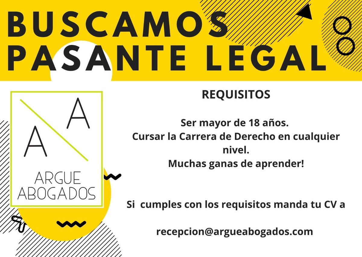 argueabogados's tweet photo. Para twitter:
#sihayempleo #derecho #pasantelegal
Buscamos un pasante para trabajar con nuestro equipo ⬇️⬇️⬇️ https://t.co/da0in7xkap