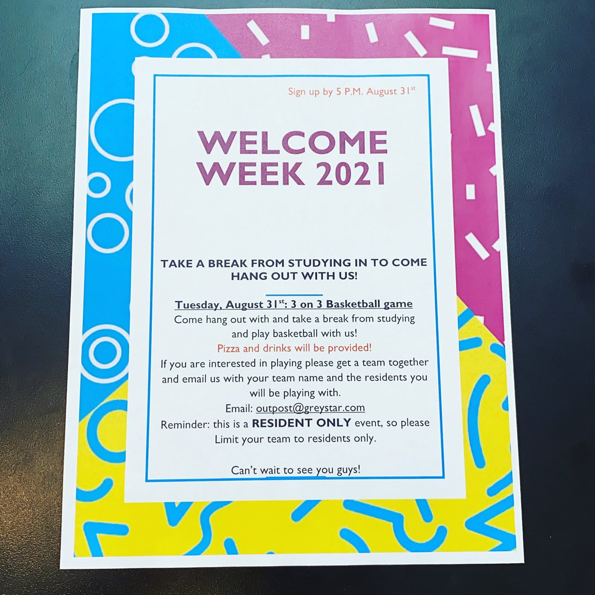 OutpostAtWaco's tweet photo. ‼️ WELCOME WEEK 2021 ‼️ 

We still have spots available for basketball tonight. Shoot us an email if you are wanting to play at outpost@greystar.com 

#outpost #baylor https://t.co/IObIZVny8s