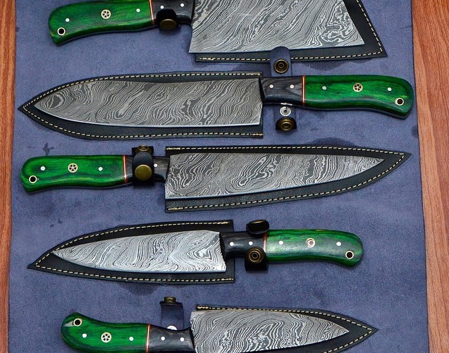 THKnives's tweet photo. Custom Handmade Damascus Steel Beautiful Razor Sharp Full Tang 5 Pieces Of Kitchen Chef Knife Set with Mosaic Pin, Black &amp; Green Pakka wood On Handle Along with Beautiful Hand Stitched Cow Leather Roll Kit.
#cheflife #chefknife #chef #handmadegift #chefgift https://t.co/idk6Jp6IS1