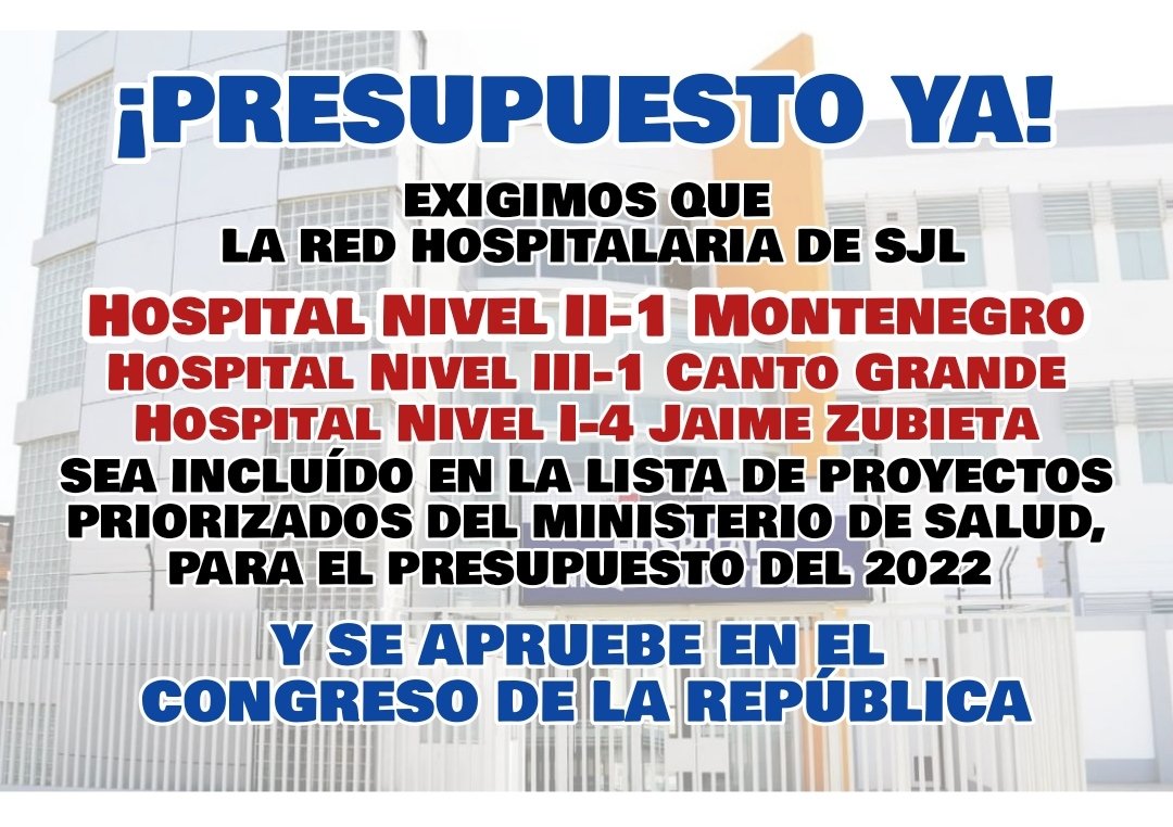 Hosp2Montenegro's tweet photo. ⚠️📣‼️SJL no puede esperar más. @Minsa_Peru @MEF_Peru @congresoperu @PronisMinsa @DirisLC_oficial @pcmperu @PedroCastilloTe @HCevallosFlores https://t.co/AbtrtFObri