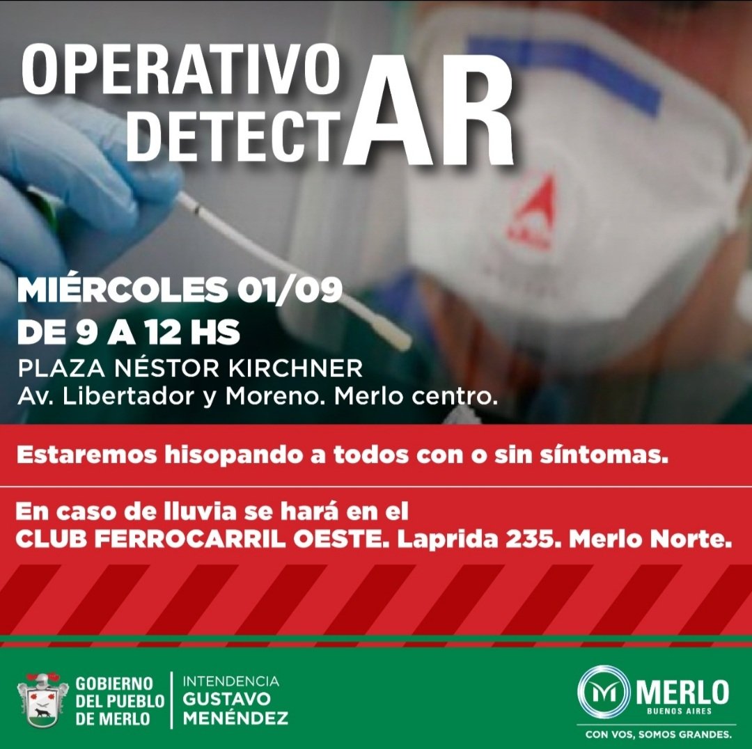 HCDMerlo's tweet photo. ✅ Operativo DetectAR
📝 Miércoles 1° de septiembre
🕘 9️⃣ a 1️⃣2️⃣ hs
➡️ Plaza Néstor Kirchner, Av Libertador y Moreno, Merlo.
#OperativoDetectar
#IntendenciaGustavoMenendez
#GobiernoDelPuebloDeMerlo
#JuntoAlVecino https://t.co/cicr3yXgn9