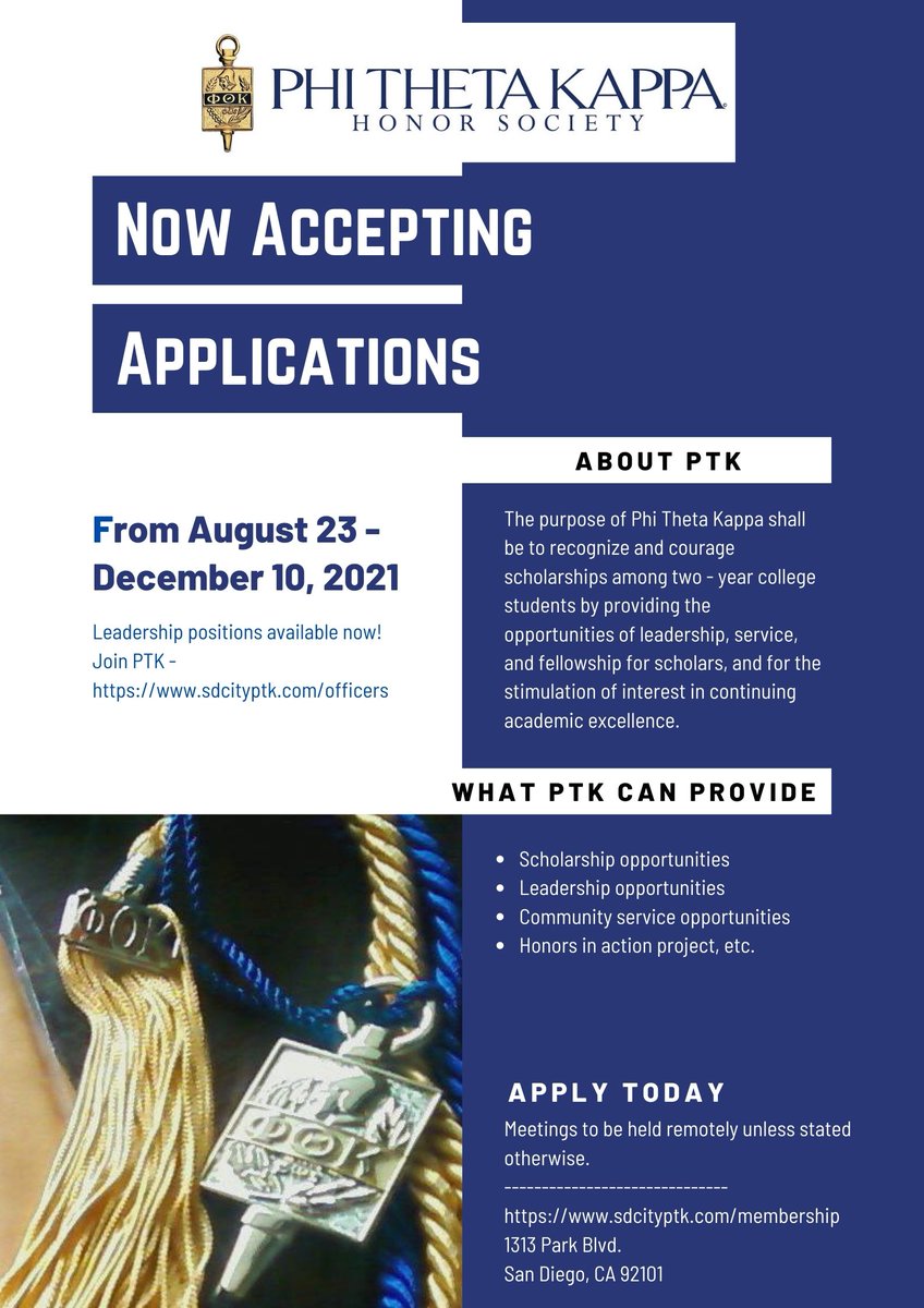 sdcityptk's tweet photo. PTK is now accepting applications!
click below for more information.
https://t.co/rVPBuCpm9V
#sdcityptk #ptk #sandiegocitycollege #sdcc #citycollege #phithetakappa #cityshare #backtoschool https://t.co/PLsR0Ciw1J