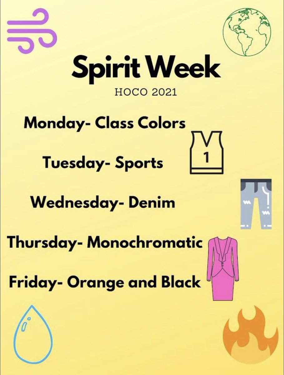 Here is the Spirit Week Days for Homecoming Week!