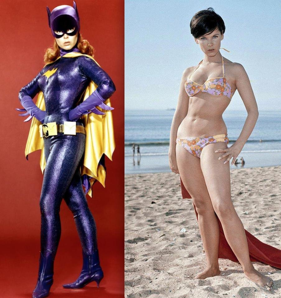 Film and TV star Yvonne Craig, in character as Batgirl and on the beach in ...