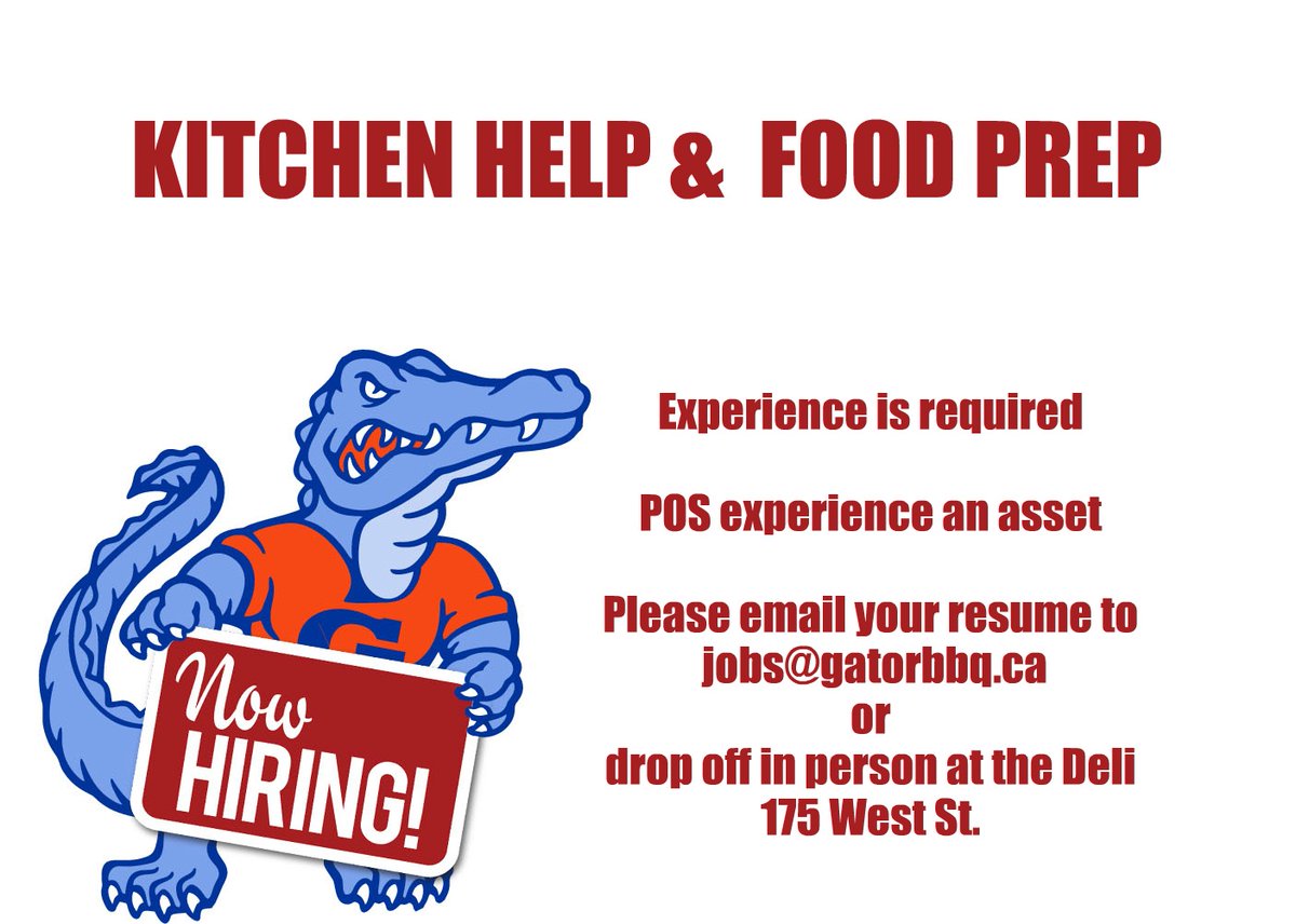 We’re hiring! 
Do you have a passion for cooking?
Enjoy the fast pace of the kitchen? 
Take pride in the meals you prepare? 
Excel at customer service? 
Have POS experience? 
If you answered YES, we want to hear from you! 

#GatorBBQ #Norfolkcounty