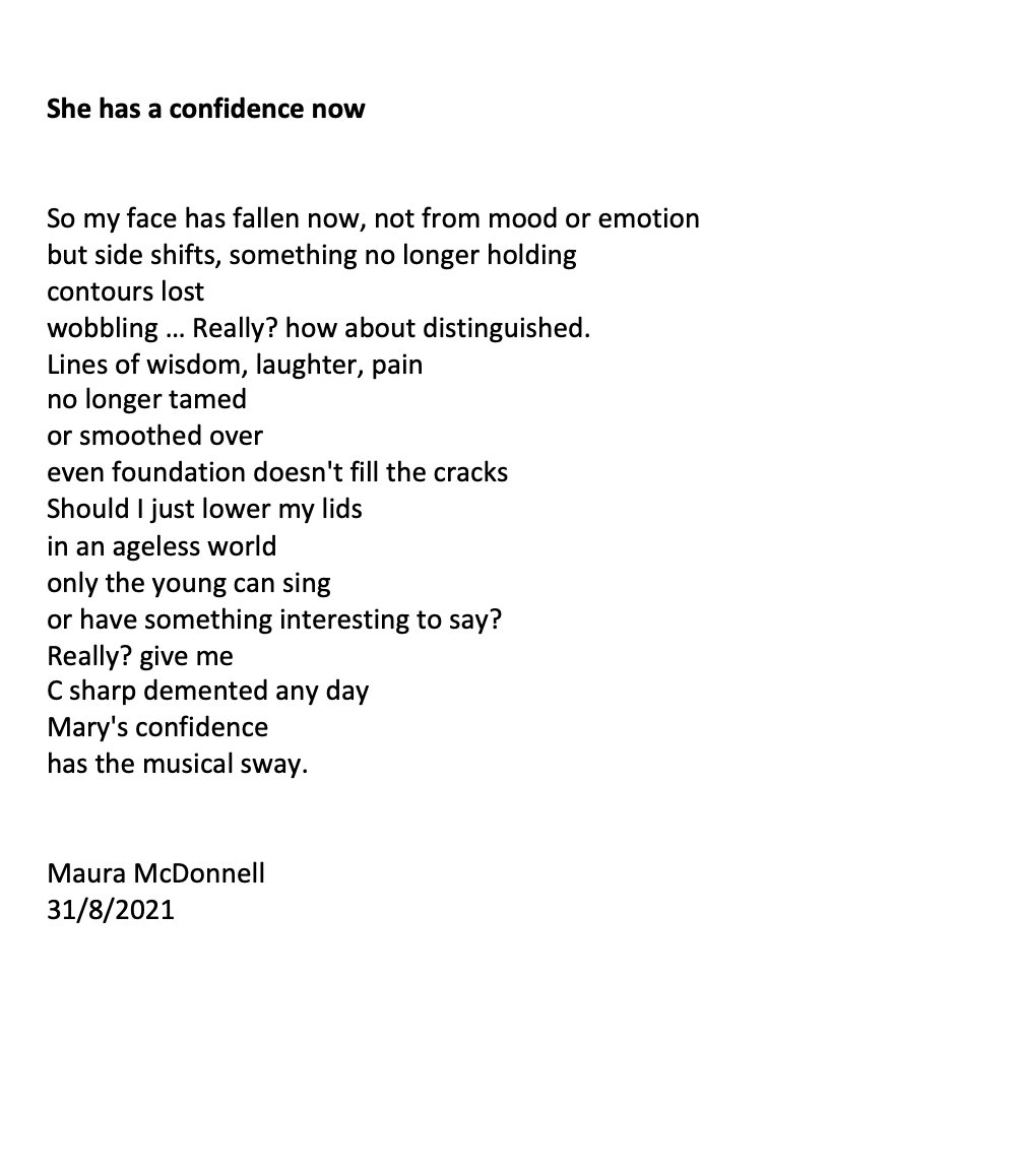 Soundingvisual's tweet photo. On a bit of a roll with the old poetry draft writing.  A poem for this weeks @tarryathome  #PoetryPrompt of #fall.  Thinking of my age and also the amazing singer Mary Coughlan, whom I heard her say she has confidence now, it resonated. Title: She has confidence now. https://t.co/AD04BmiXJQ