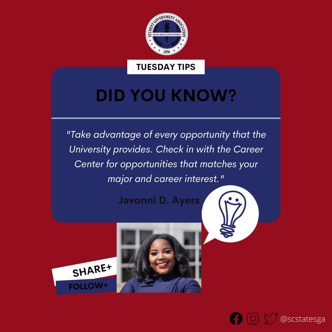 scstatesga's tweet photo. SGA Tuesday Tip💡 with Madam President @AyersJavonni https://t.co/ETGnwziVOt