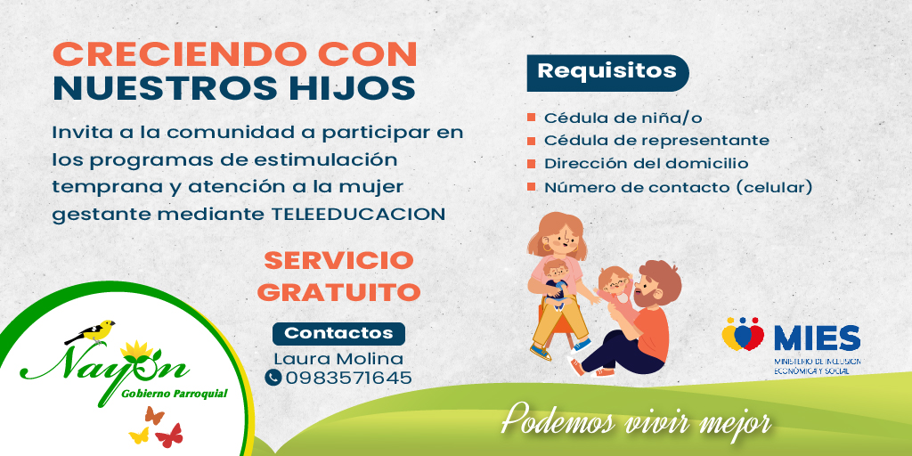 #CRECIENDOCONNUESTROSHIJOS | Invita a la comunidad de #Nayón a participar en los programas de estimulación temprana y atención a la mujer gestante mediante TELEEDUCACIÓN
Contacto: Laura Molina
👉 wa.link/nd7z9c
✅Servicio Totalmente Gratuito

nayon.gob.ec/noticia/item/m…