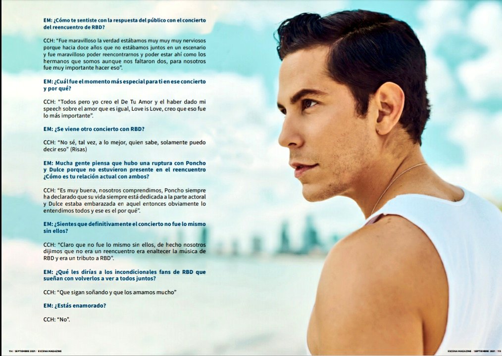 RBD24HorasArg's tweet photo. #Entrevista: (Parte 2) @christiancha es portada de la revista #EscenaMagazine donde habla sobre el Tributo RBD,fans y sus compañeros @DulceMaria @ponchohd "Claro que no fue lo mismo sin ellos" https://t.co/6756NCBWh5