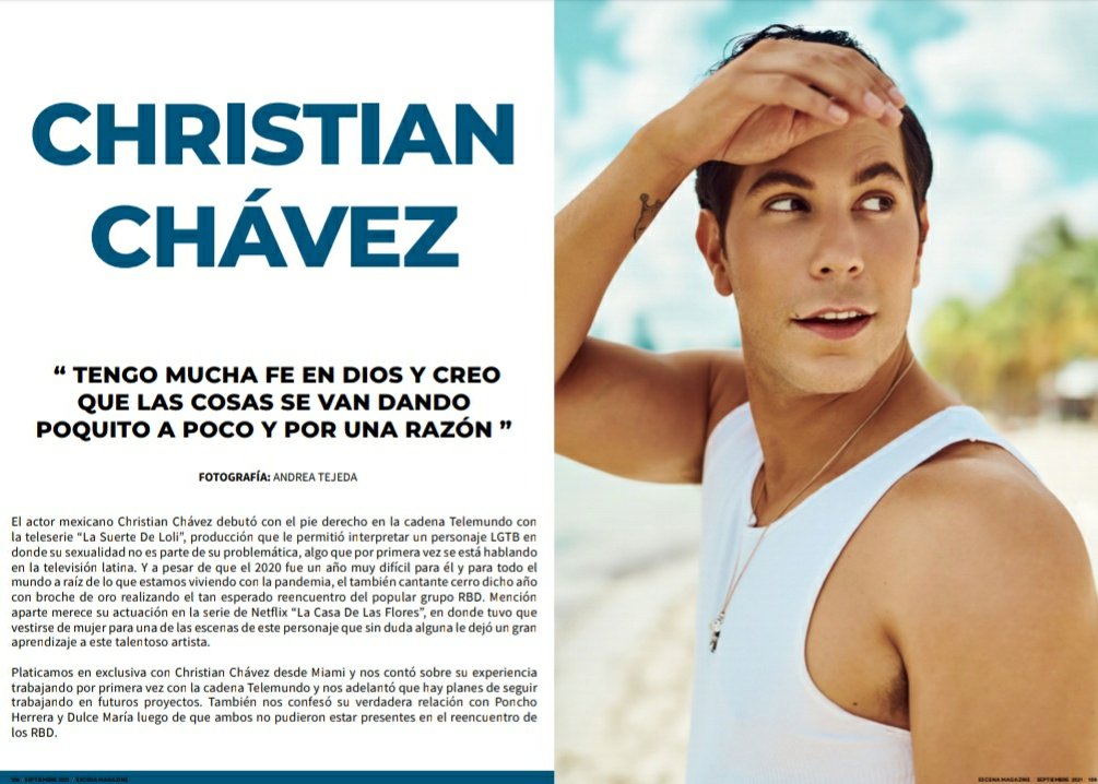 RBD24HorasArg's tweet photo. #Entrevista: (Parte 1) @christiancha es portada de la revista #EscenaMagazine del mes de Septiembre entre otras cosas afirma que en su carrera como cantante: "se viene un disco especial dedicado a temas muy importantes en México que ya después les estaremos contando" https://t.co/58KFJMYRfz