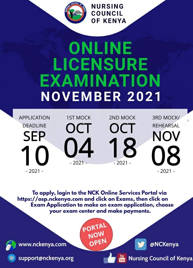 🚨🚨🚨

The exam portal is now open for November 2021 <a href="/NCKenya/">Nursing Council of Kenya</a> Licensure Examination.

The deadline for the licensure exam application is on Friday, 10th September 2021.

The exam timetable is available on the NCK website &amp; can be viewed via bit.ly/3jtdkwT

#NCKExams 1/2