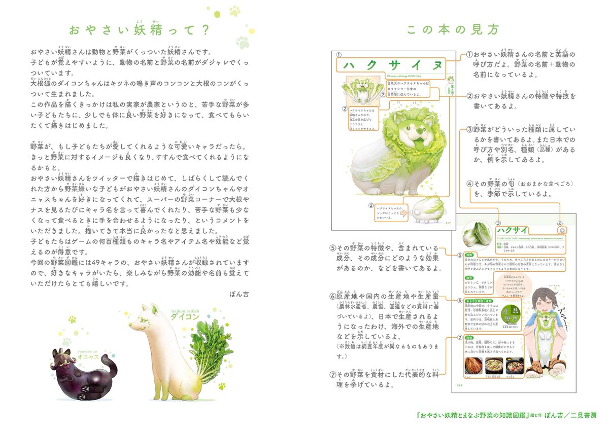 なんと!『おやさい妖精とまなぶ 野菜の知識図鑑』の重版が決定いたしました!子供が少しでも野菜を好きなってもらえる様に野菜の妖精さんが沢山収録されています。現在書店などで品薄状態ですが少しずつ出荷されていきますので お見かけの際はぜひ手に取ってみてください🌱

https://t.co/C6H18PGwZ7 