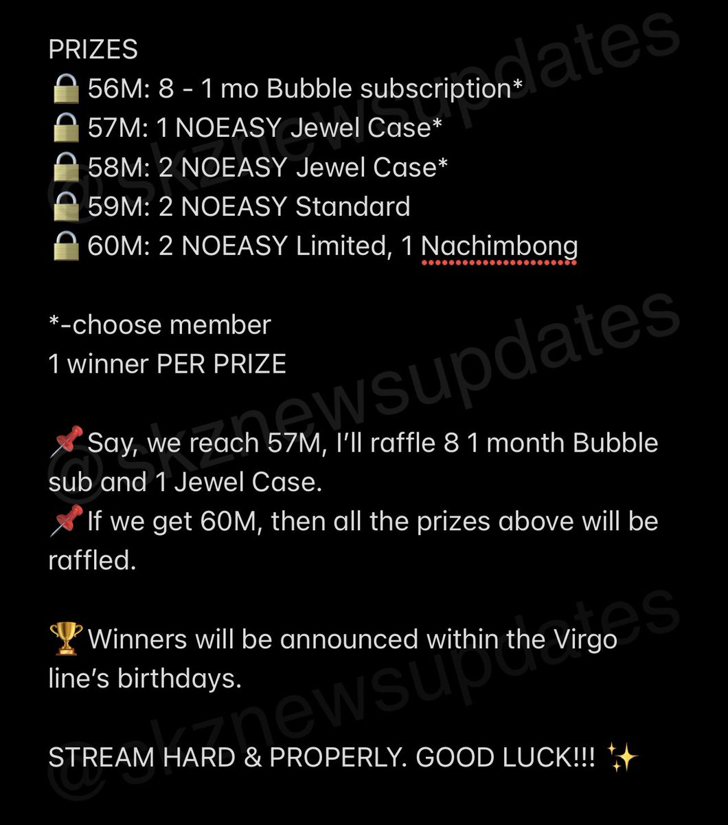 skznewsupdates's tweet photo. SKZWN #THUNDEROUS  GIVEAWAY 2

REACH VIEWCOUNT TO UNLOCK
✨ See prizes below ✨

📌Reply ss of streaming on this tweet with your @
📌Use #SKZWN_THUNDEROUSGA2
📌Tag 8 moots
📌Follow SKZWN
📌Max 1 entry/hr, no burner accs

🌏WORLDWIDE
⏰Ends 1159PM KST LATER

@Stray_Kids #NOEASY https://t.co/38iodyfo5J