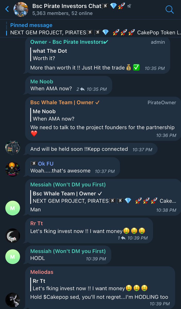 CakePopBSC's tweet photo. We're getting a great response so far from our latest Telegram partner group: #BSC Pirate Investors! 

#BSCGems #BSCArmy #BSCGem #DeFi #CAKEPOP #KittyCake #NFTs https://t.co/DlGpE6oIl0
