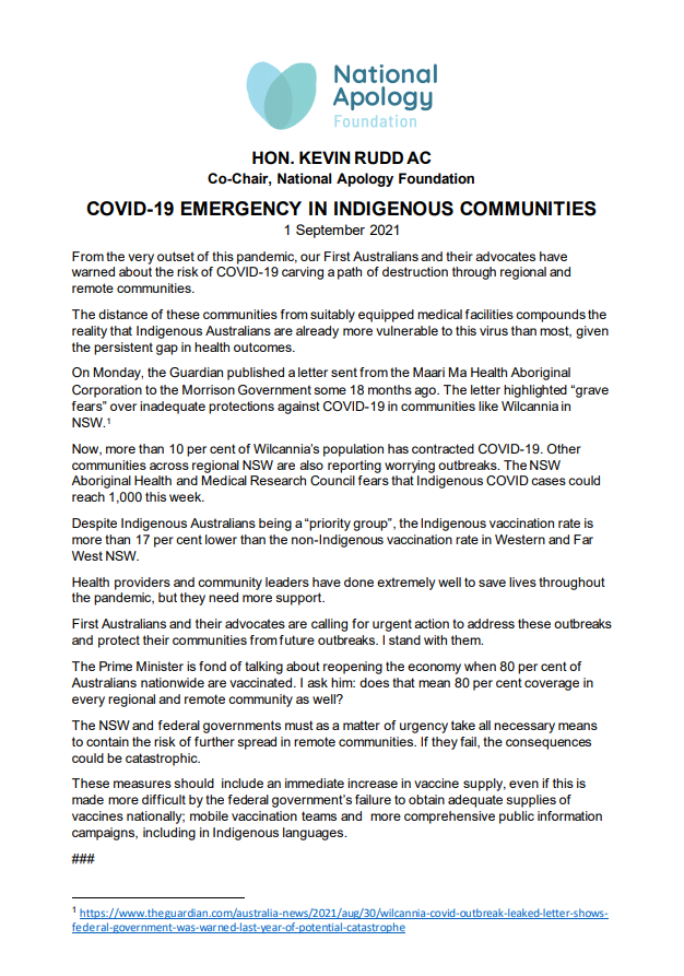 Health providers and community leaders have done extremely well to save lives throughout the pandemic, but they need more support. Statement from our co-chair <a href="/MrKRudd/">Office of Kevin Rudd, 26th PM of Australia</a>.

kevinrudd.com/2021/09/01/sta…