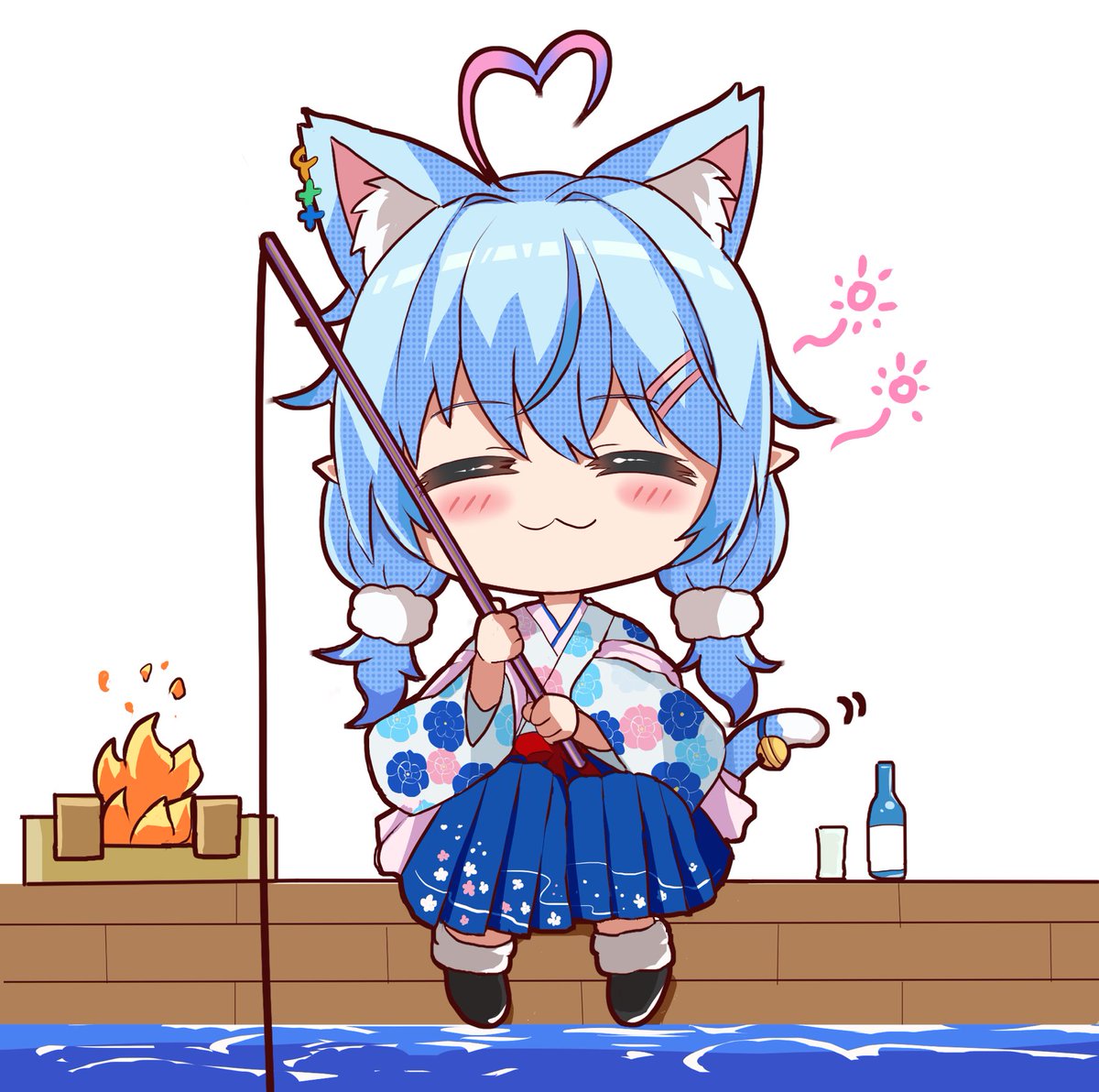 yukihana lamy 1girl heart ahoge animal ears solo cat ears blue hair fishing rod  illustration images