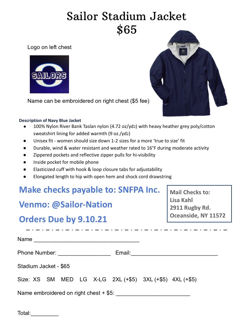 Hey Sailor Fans... order your Stadium Jacket today! Email: snfpainc@gmail.com with any questions! Orders due by 9/10/21