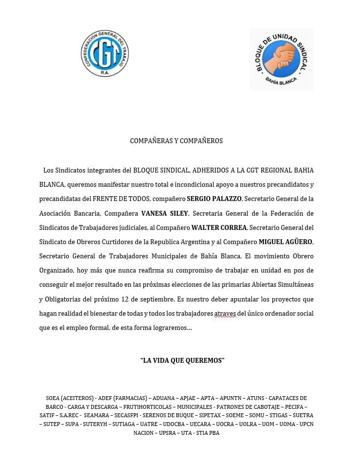 waltercorreaok's tweet photo. Les agradezco a las y los compañeros del Bloque Sindical adherido a la CGT Regional Bahía Blanca, por el apoyo a nuestras precandidaturas a diputados nacionales sindicales, para las próximas elecciones #PASO del 12/9.

@SergioOPalazzo @Vsiley @Diputados_Todos https://t.co/oHa3C1SpNm