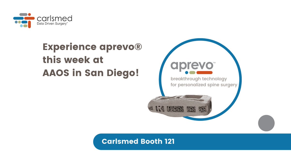 carlsmed's tweet photo. Make #Carlsmed part of your #AAOS2021 experience this week! Visit our Booth # 121. Learn about #aprevo® personalized interbody surgery. #orthotwitter #neurotwitter #surgtwitter #orthspine #spinesurgery #spine #medtech #datadrivensurgery #aprevo https://t.co/SphbTQnIKK