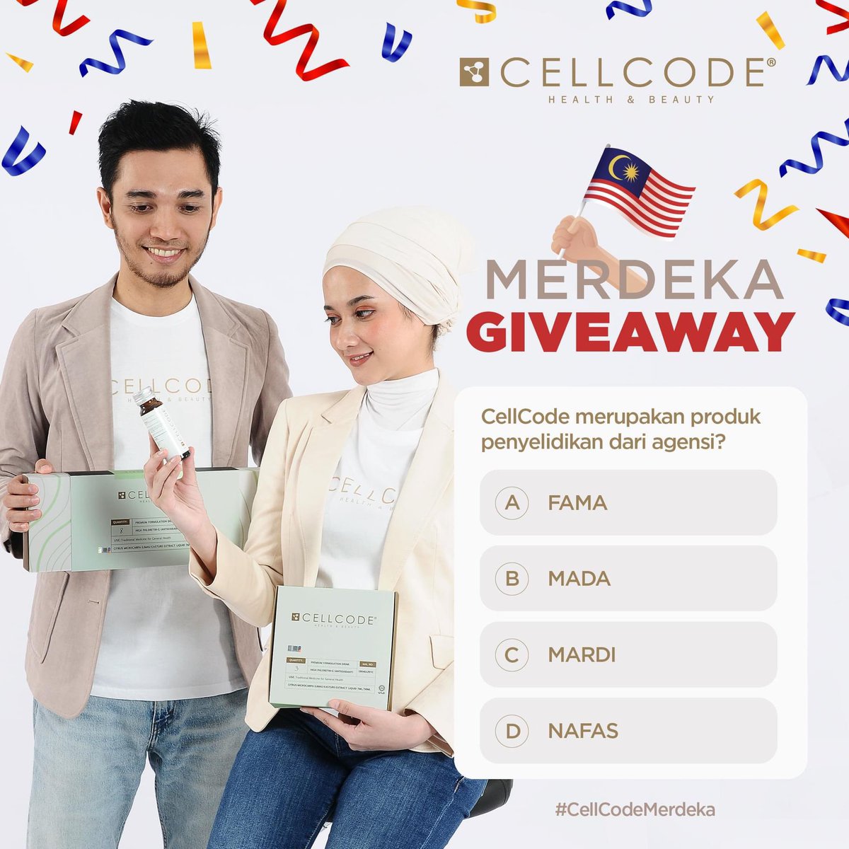 eizulkhalid84's tweet photo. MERDEKA GIVEAWAY
1) Like Facebook Page CellCode - https://t.co/d8w07qcvAQ
2) Share post ini di Facebook masing-masing
3) Jawab Soalan. Cth: A. FAMA dan tag 5 orang rakan di Facebook anda dengan #CellCodeMerdeka
4) Set sebagai public
#cellcodemalaysia
#giveawaycontest https://t.co/AMzLPuk8ds