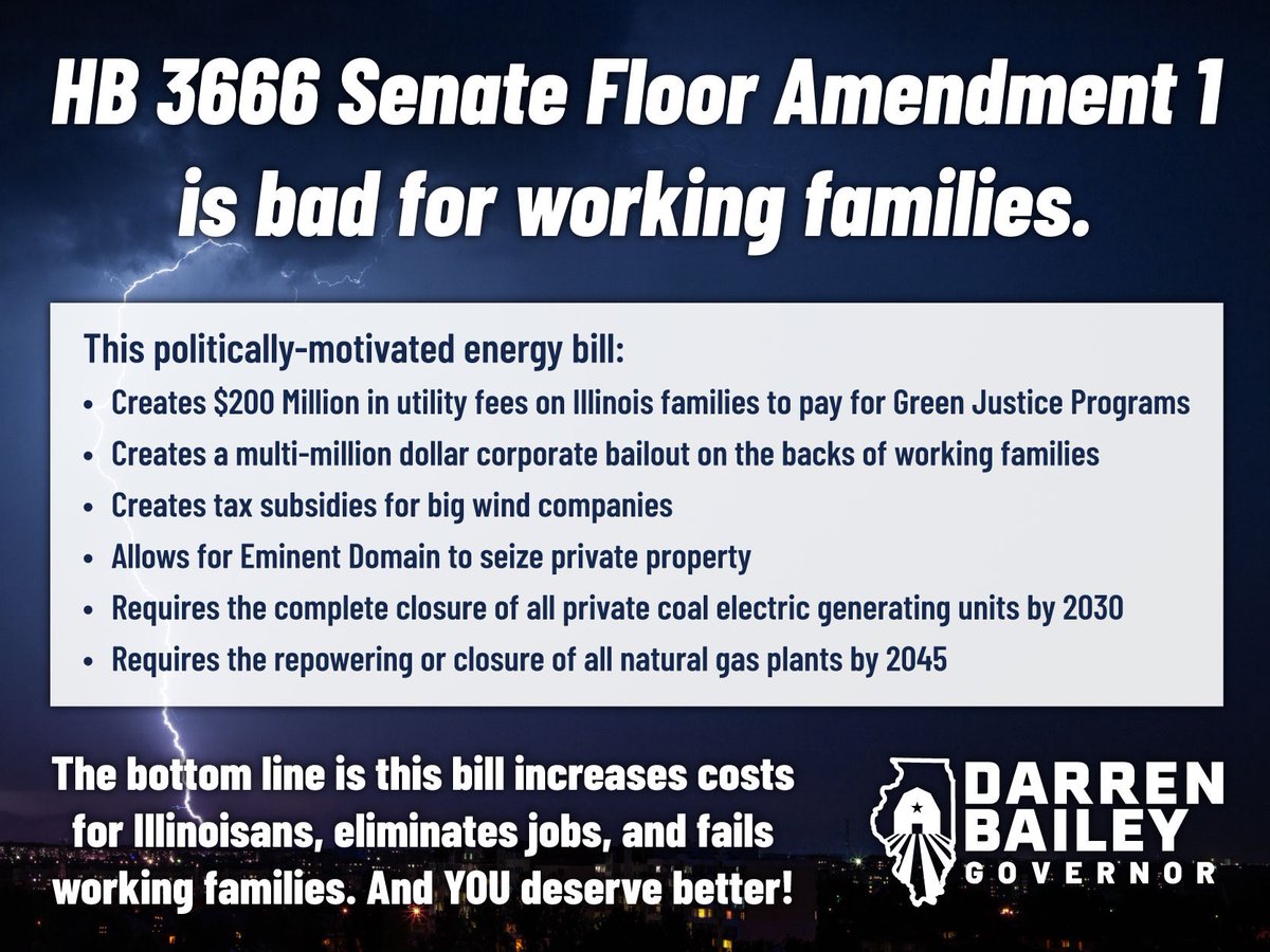 DarrenBaileyIL's tweet photo. The bottom line is this bill increases costs for Illinoisans, eliminates jobs, creates crony corporate bailouts, and most importantly, fails working families. And the people of this state deserve better! We should be creating jobs and opportunities across the Illinois. #twill https://t.co/dLOJL0pwqF