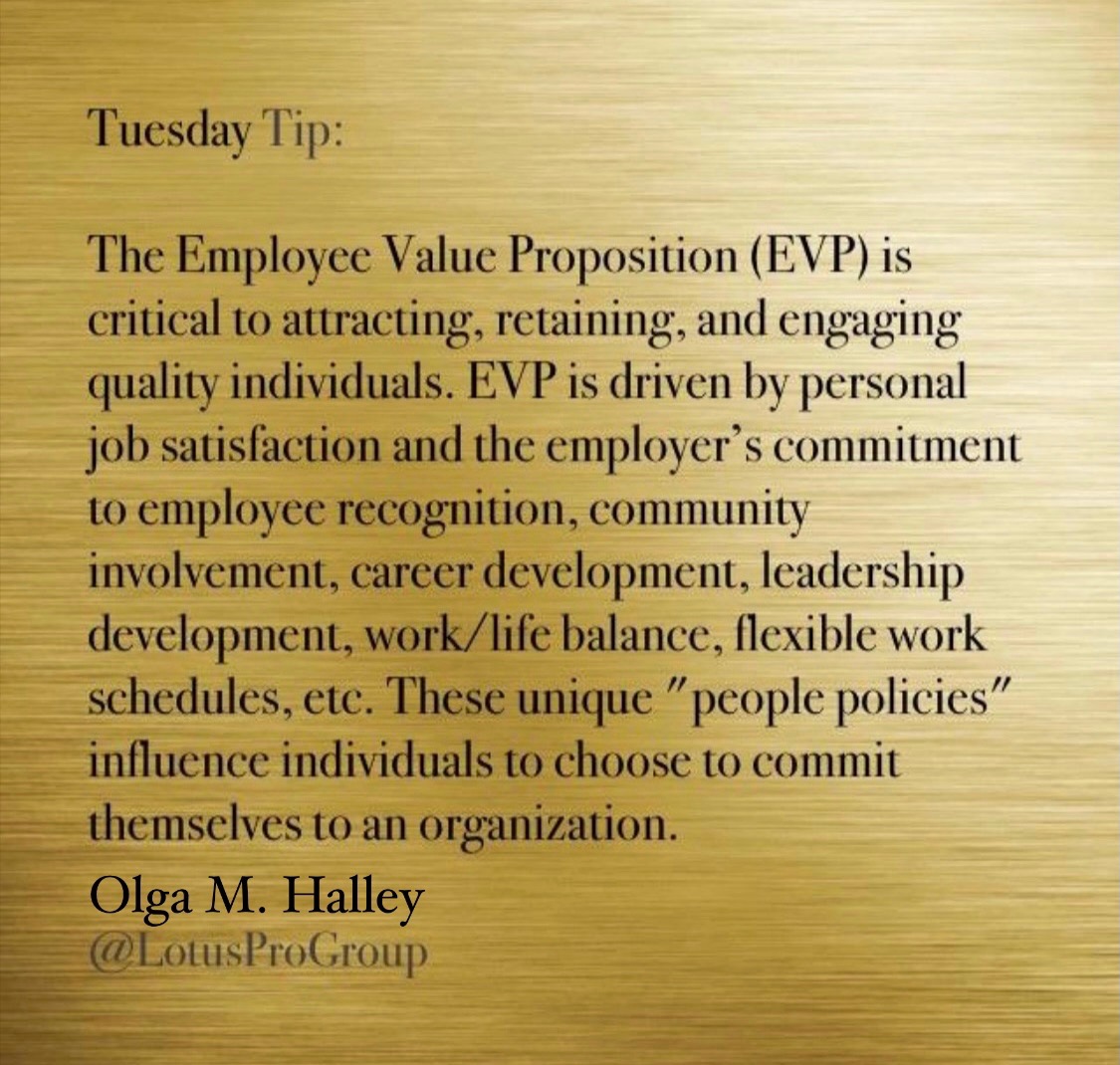 LotusProGroup's tweet photo. Today's #TuesdayTip is about Employee Value Proposition (EVP). Intrinsic to identifying, attracting and retaining talent.

#LPG #talentmanagementconsultants #recruiting #HR #humanresourcesmanagement #career #brand #competitiveadvantage https://t.co/odxEw3tDNW