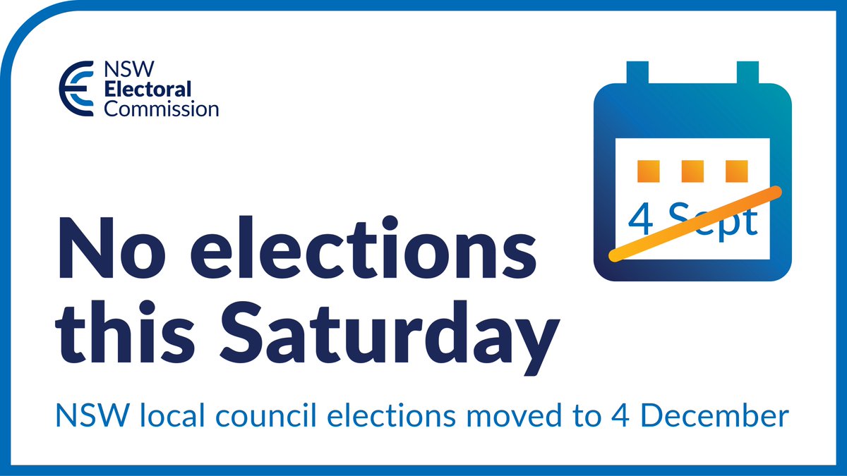 The 2021 NSW local council elections set for this weekend have been postponed! Make sure you save the correct date - Saturday 4, December 2021. Learn the latest on our website: bit.ly/3zw6wUq
