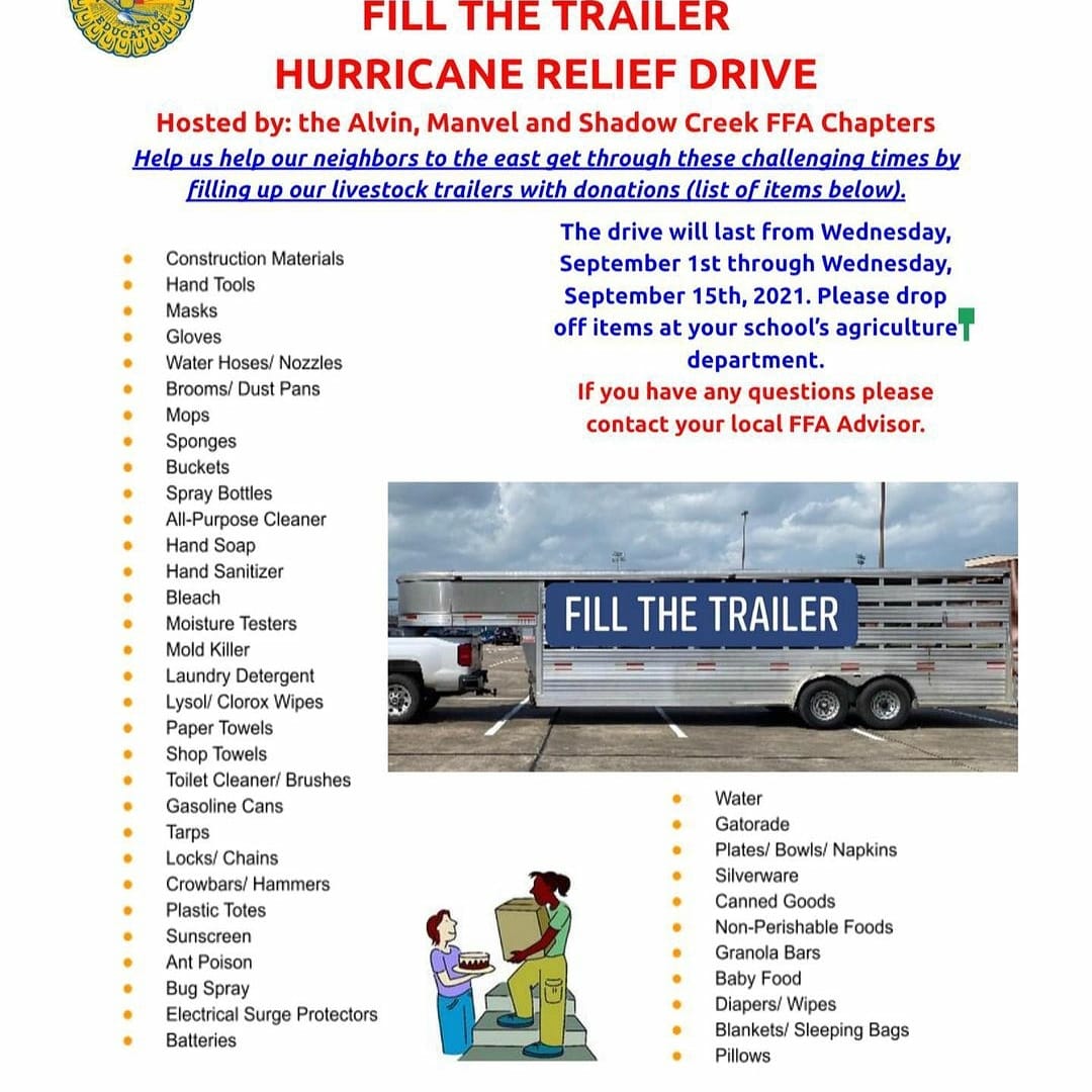 Hey AHS!! I know we are focused on Homecoming right now, but we need to get behind <a href="/AlvinFFA/">Alvin FFA</a> <a href="/Manvel_FFA/">Manvel FFA</a> <a href="/ShadowCreekFFA/">Shadow Creek FFA</a> to FILL THE TRAILER!! <a href="/AHS_MCJROTC/">AHS MCJROTC</a> <a href="/AlvinAthletics/">ALVIN YELLOWJACKET ATHLETICS</a> @AlvinChoir101 <a href="/Alvin_Cheer/">Alvin HS Cheer</a> <a href="/AHSJacketeers/">Alvin Jacketeers</a> 
<a href="/alvinjacketslib/">Alvin HS Library</a> 
<a href="/AHS_AdvancedAc/">AHS Advanced Academics</a> 
<a href="/alvin_stuco/">Alvin Stuco</a>