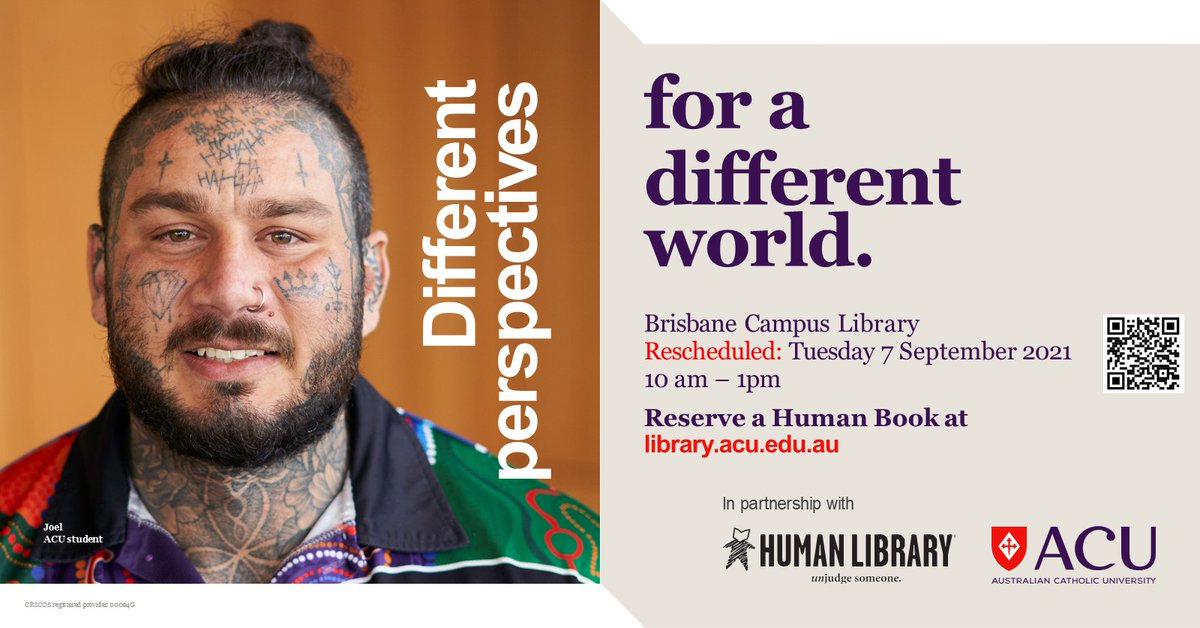 LibraryACU's tweet photo. The Human Library is coming to our Brisbane campus on 7 Sep where you can check out Human Books for conversation, hear their amazing stories and see life from a different perspective. 
Register to borrow a Human Book today! https://t.co/wSGGJWYacA #unjudgesomeone #ACUhumanlibrary https://t.co/tAMAferc0k