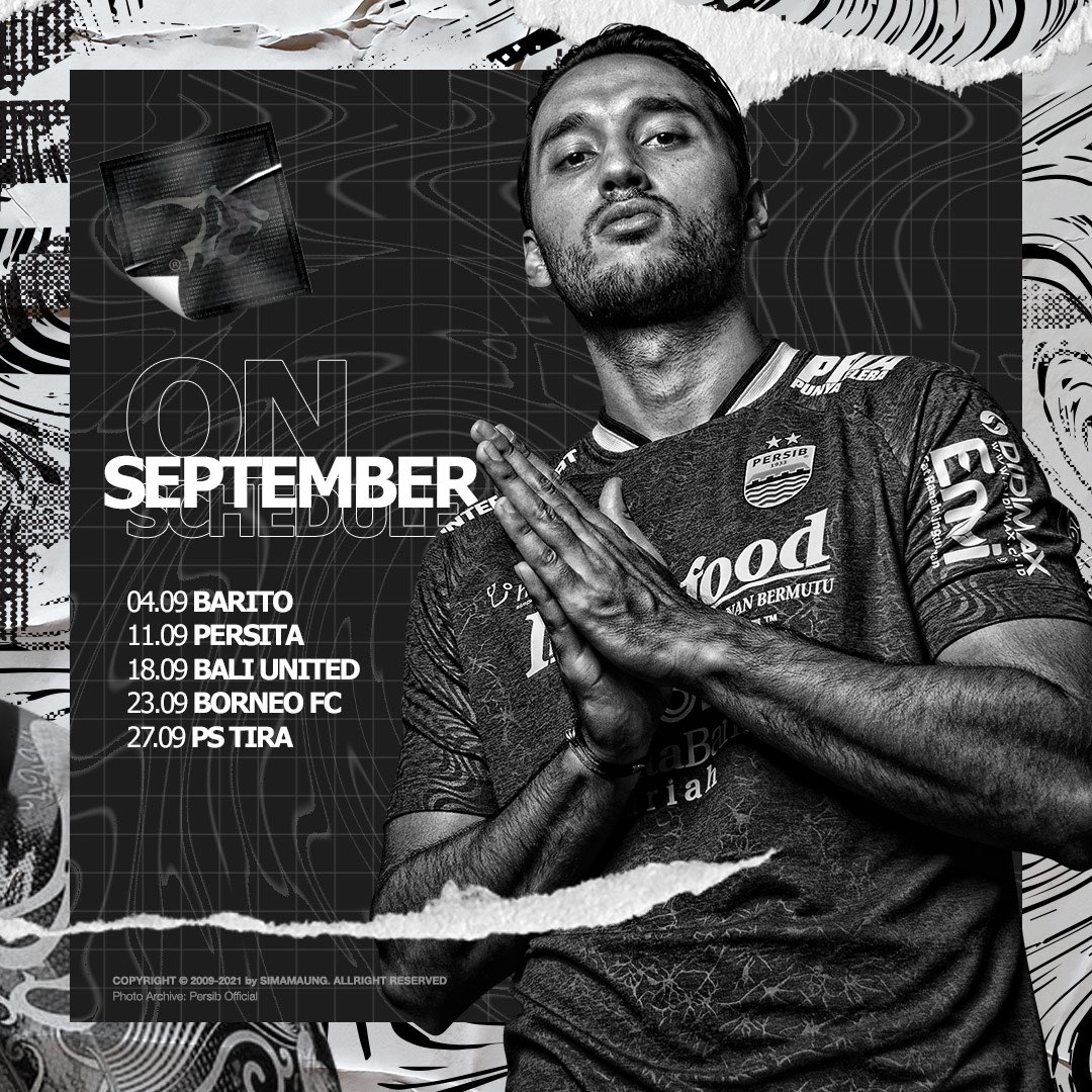 Jadwal Persib di bulan ini:

Sabtu (4/9) 20.30 WIB
PERSIB vs BARITO PUTERA

Sabtu (11/9) 20.30 WIB
PERSIB vs PERSITA

Sabtu (18/9) 20.30 WIB
PERSIB vs BALI UTD

Kamis (23/9) 19.00 WIB
PERSIB vs BORNEO FC

Senin (27/9) 19.00 WIB
PERSIB vs PS. TIRA

*bisa berubah sewaktu-waktu 😁