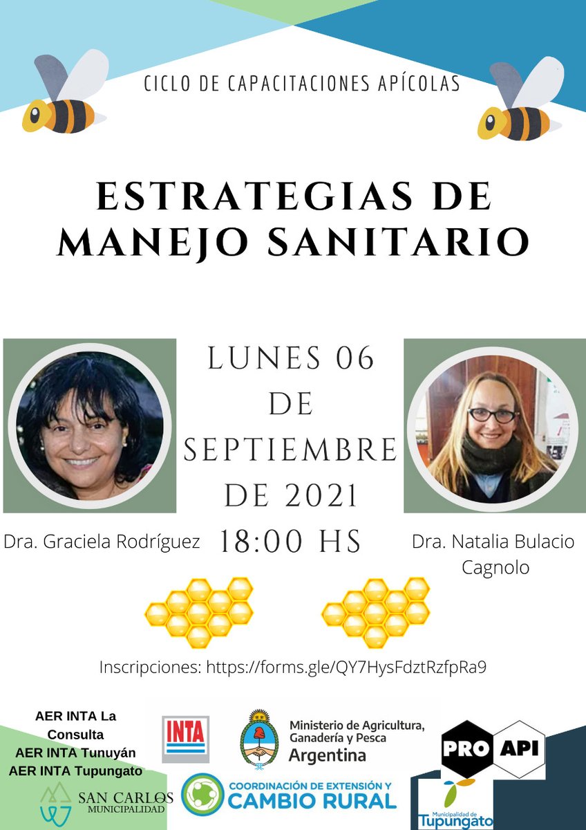 #capacitación: Los invitamos al Ciclo de capacitaciones apícolas estrategias de manejo sanitario 🐝 el próximo 6/9 a las 18 h. a cargo de la Dra. Graciela Rodríguez y Dra. Natalia Bulacio Cagnolo. Lo organizan <a href="/INTAProapi/">INTAProapi</a>  #intalaconsulta <a href="/cambiorural/">ucar</a> <a href="/intaargentina/">INTA</a>