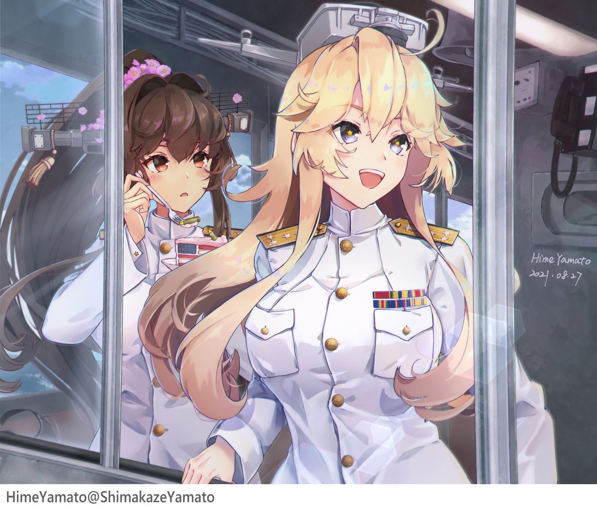 iowa (kancolle) ,yamato (kancolle) multiple girls 2girls blonde hair ship long hair battleship brown hair  illustration images