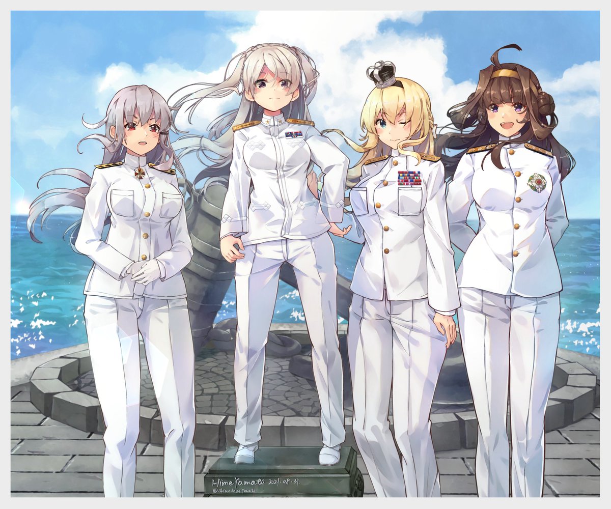 iowa (kancolle) ,yamato (kancolle) multiple girls 2girls blonde hair ship long hair battleship brown hair  illustration images