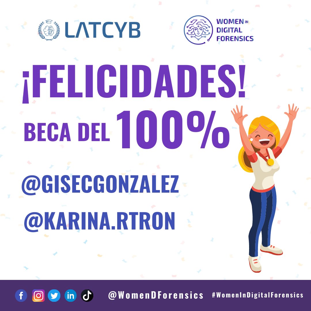 Felicidades a todas las ganadoras!🤩🥳
Gracias a todas por participar💜
#womenindigitalforensics #DigitalForensics #Scholarship
