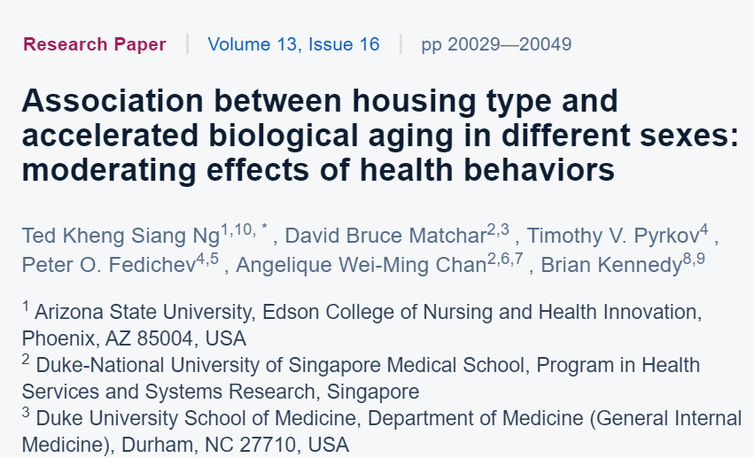 In this new publication, we found that older adults staying in lower-SES housing type in Singapore had accelerated biological aging, with associations modified by BMI and smoking status #healthdisparity #geroscience #socialdeterminantofhealth #socioeconomicstatus #environment