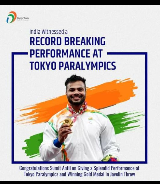 #Nation is #proud of you! #Congratulations #SumitAntil on Giving a Splendid #Performance at #Tokyoparalympics & Winning #gold #Medal in #JavelinThrow F64 event at #Tokyoparalympics2020
#Paralympics
#TeamIndia
#Tokyo2020
#Cheer4India 
@WeAreTeamIndia
#Cheer4India
#Paralympics