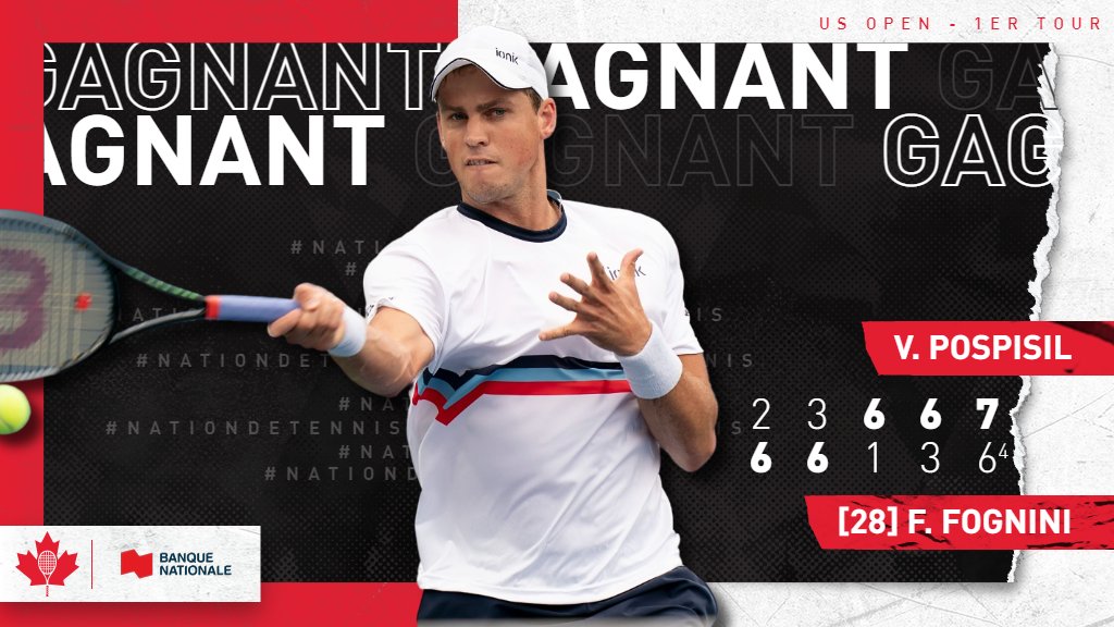 TennisCanada's tweet photo. Tout est possible avec Pospisil ! 🚀

Vasek revient à la charge de façon incroyable pour battre Fabio Fognini, 28ème tête de série, en 3h20 et se qualifier pour le deuxième tour du #USOpen.

#Nationdetennis | @banquenationale https://t.co/61RDzK1Inn