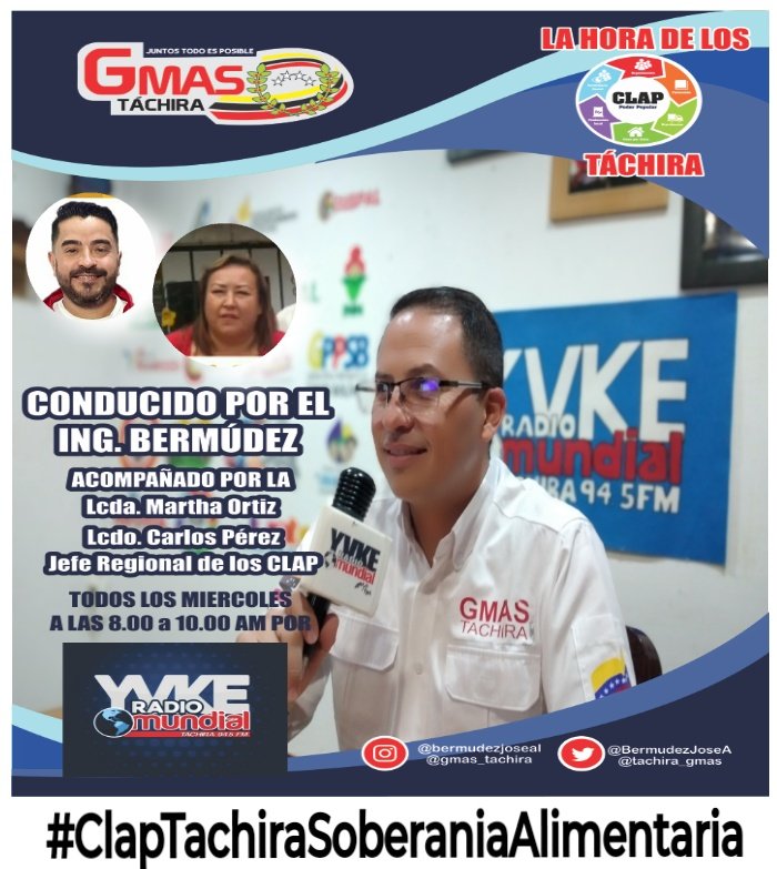 Mañana #Miercoles #01Sep a partir de las 8am "La Hora de los Clap" los esperamos para compartir de 2 horas de información sobre el trabajo de nuestros #Clap y la alimentación en nuestro estado #Tachira ¡Los Esperamos! Por <a href="/YvkeTachira/">Yvke Tachira</a> 94.5 FM 
#ClapTachiraSoberaniaAlimentaria