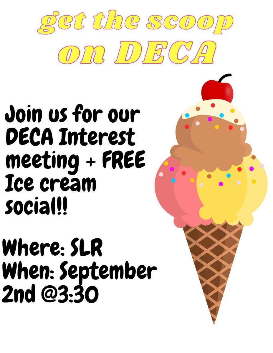 Blackman_DECA's tweet photo. Join us for get the scoop on DECA this Thursday!🍨 We will also provide a zoom link for anyone who is quarantined or unable to make the in-person meeting. https://t.co/StLKrRwP69