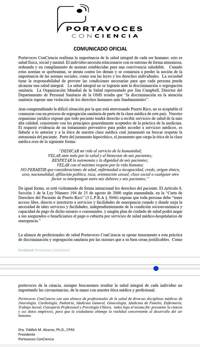 La Alianza de profesionales de salud Portavoces ConCiencia se opone tenazmente a la práctica de discriminación y segregación sanitaria por las razones que a su bien crean justificables.  <a href="/PiconDiaz1/">Milton Picon Diaz</a> <a href="/ValeriaCollazoC/">Valeria Collazo</a> @prsecsalud <a href="/noticel/">NotiCel</a> <a href="/NoticentroWAPA/">NotiCentro</a> <a href="/JugandoPelotaPR/">Jugando Pelota Dura🇵🇷</a> <a href="/mjean2/">Miriam J Ramirez MD</a>