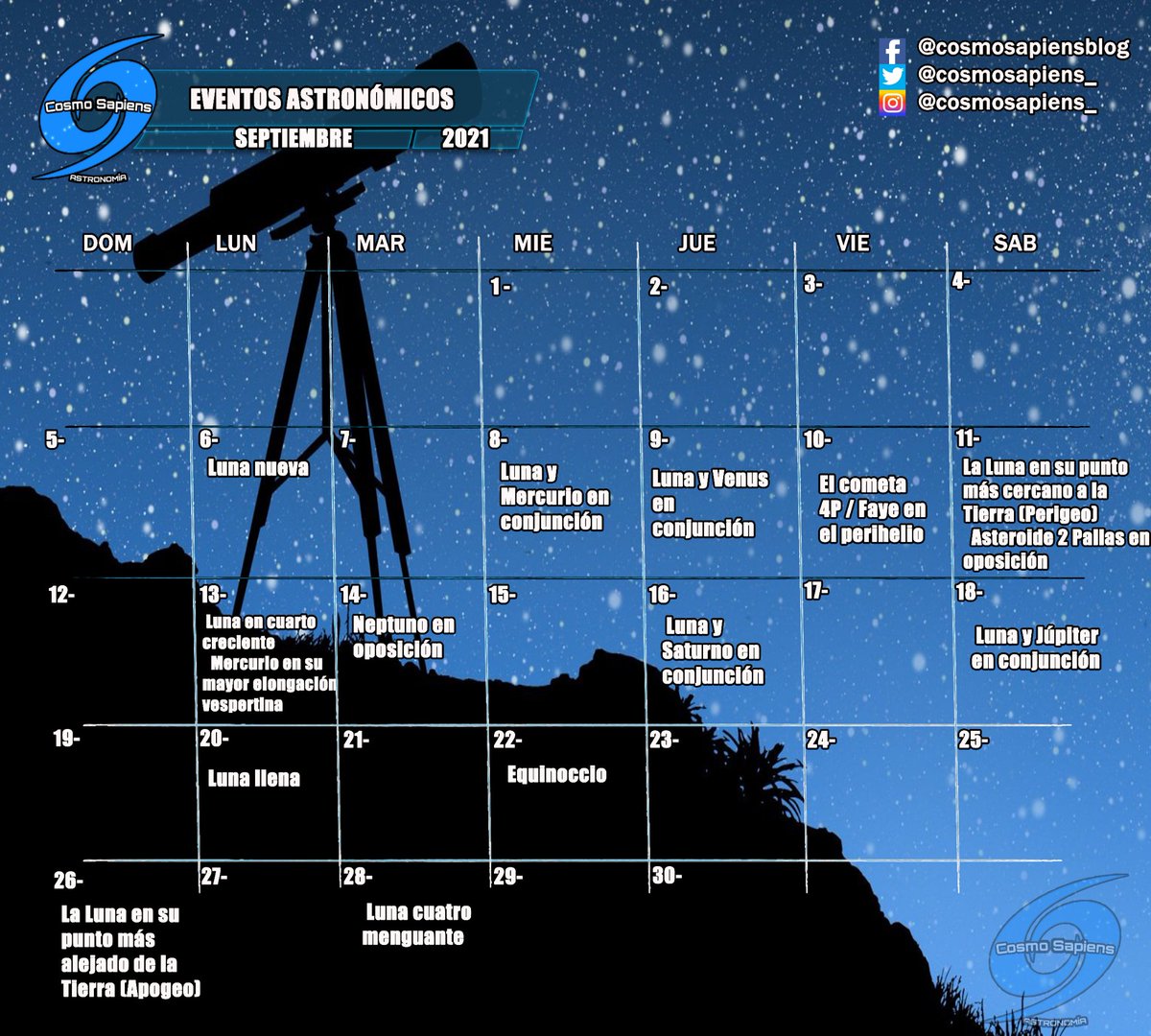 cosmosapiens_'s tweet photo. Eventos astronómicos correspondientes al mes de septiembre

Septiembre proviene del antiguo calendario romano, "Septembris" era el séptimo mes en ese entonces. https://t.co/PVLF3dWBPj