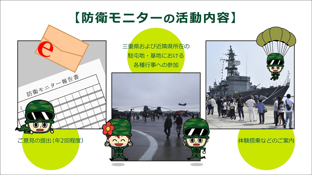 自衛隊三重地方協力本部 公式 على تويتر 三重地本 防衛モニター募集中 防衛および自衛隊に関する意見や要望を伺い 今後の諸施策に反映させることを目的として 防衛省では各地域ごとに異なる条件で 防衛モニター を募集しております 応募にあたっては