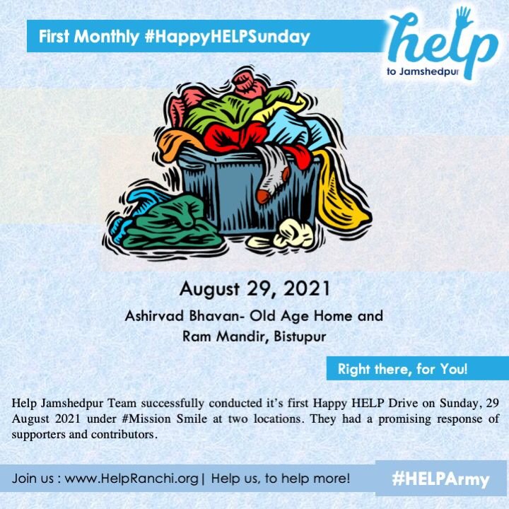 HelpRanchi's tweet photo. Help Jamshedpur Team successfully conducted its first #HappyHelpSunday drive on 29th August 2021 under #MissionSmile at two locations. 
They had a promising response of supporters and contributors.

#MissionSmile
#Jamshedpur
#Tata #drive #distribution #oldclothes https://t.co/a6HB2HO9mk